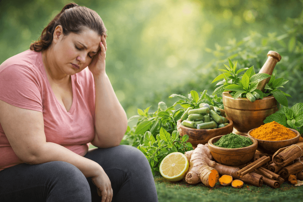 आयुर्वेदिक दवाएं वजन घटाने के लिए दर्शाता चित्र जिसमें मोटापे से परेशान महिला के साथ प्राकृतिक आयुर्वेदिक हर्ब्स दिखाई दे रहे हैं