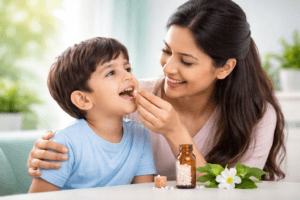 बच्चों के लिए होम्योपैथी उपाय – माँ द्वारा बच्चे को सुरक्षित और प्राकृतिक होम्योपैथिक दवा देते हुए, बच्चों के स्वास्थ्य के लिए प्रभावी और साइड इफेक्ट मुक्त उपचार