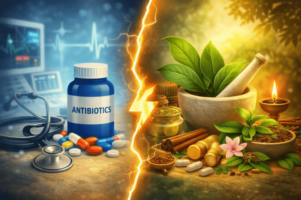 एलोपैथी और आयुर्वेद के बीच अंतर दर्शाती इमेज, जिसमें आधुनिक दवाएं और प्राकृतिक आयुर्वेदिक जड़ी-बूटियां दिखाई गई हैं