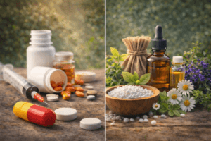 एलोपैथी बनाम होम्योपैथी का तुलनात्मक चित्र, जिसमें एक ओर आधुनिक एलोपैथिक दवाएं और दूसरी ओर प्राकृतिक होम्योपैथिक उपचार स्पष्ट रूप से दिखाए गए हैं