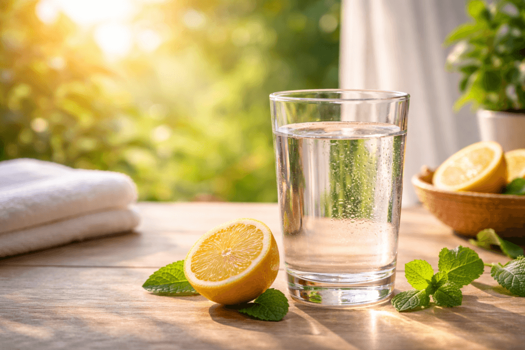 खाली पेट पानी पीने के फायदे दिखाता ताज़ा पानी का गिलास, नींबू और पुदीना के साथ सुबह की हेल्दी हाइड्रेशन