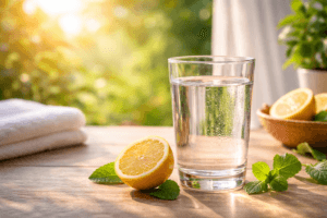 खाली पेट पानी पीने के फायदे दिखाता ताज़ा पानी का गिलास, नींबू और पुदीना के साथ सुबह की हेल्दी हाइड्रेशन