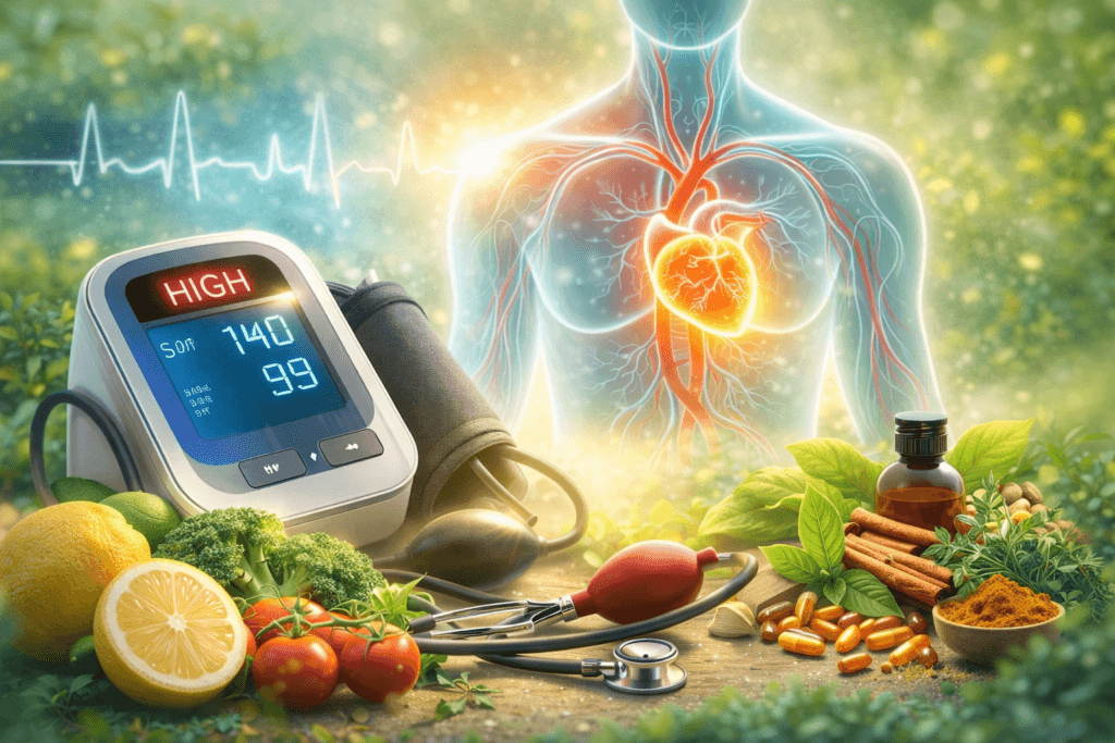 हाई बीपी कंट्रोल करने के प्राकृतिक उपाय – ब्लड प्रेशर मॉनिटर, स्वस्थ हृदय, आयुर्वेदिक जड़ी-बूटियां और संतुलित आहार