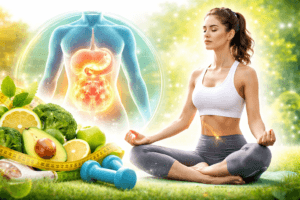 मोटापा में कपालभाति प्राणायाम करते हुए महिला, पाचन तंत्र और मेटाबॉलिज्म एक्टिवेशन का कॉन्सेप्ट