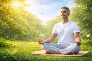 दिवसीय शुरुआती प्राणायाम रूटीन का अभ्यास करते हुए ध्यान मुद्रा में बैठा व्यक्ति Caption