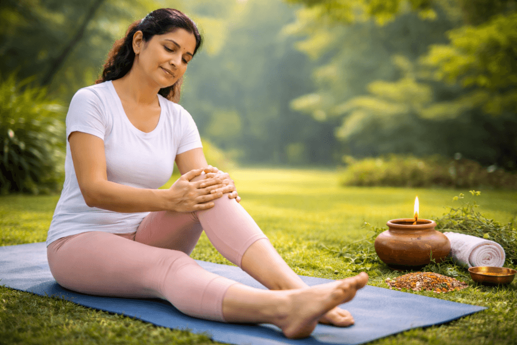 घुटनों के दर्द के लिए योगासन करते हुए महिला प्राकृतिक वातावरण में