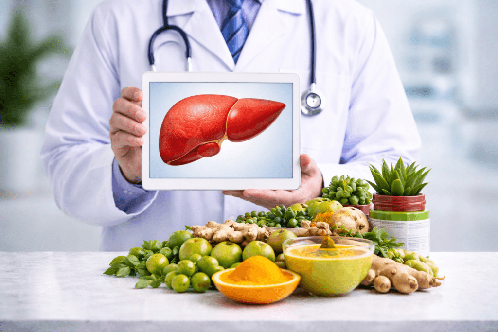 फैटी लीवर का आयुर्वेदिक उपचार दिखाता हुआ चित्र जिसमें लीवर और आयुर्वेदिक जड़ी-बूटियां जैसे आंवला, हल्दी और गिलोय शामिल हैं
