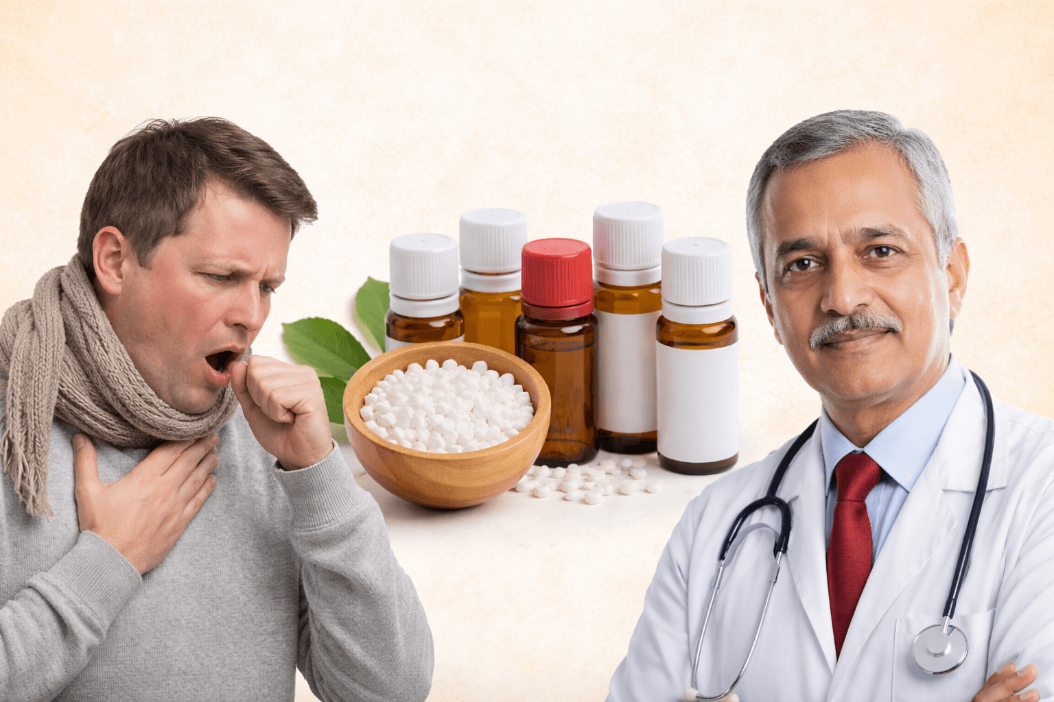 खांसी से परेशान व्यक्ति, होम्योपैथी दवाएं और डॉक्टर – नेचुरल इलाज का कॉन्सेप्ट