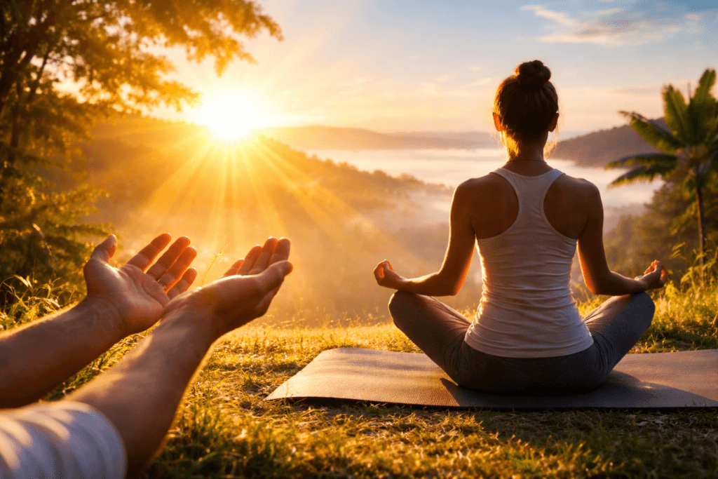 सुबह की धूप के फायदे : सुबह की धूप में योग करते हुए व्यक्ति, vitamin D के फायदे, immunity बढ़ाने और स्वास्थ्य सुधारने का प्राकृतिक तरीका