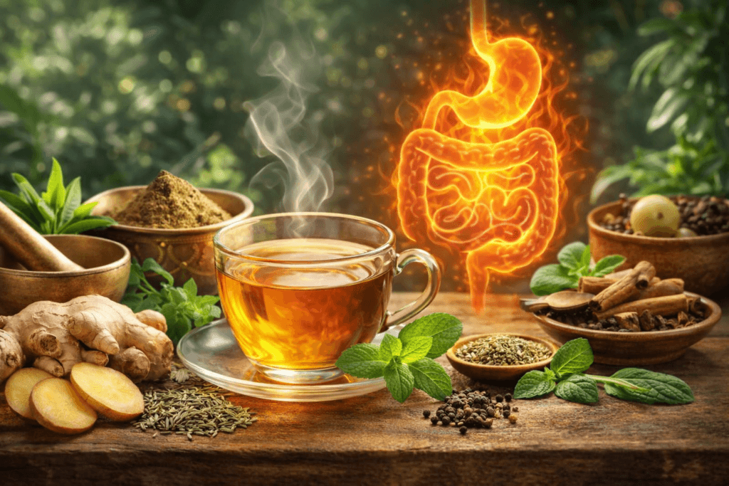 आयुर्वेद में पाचन शक्ति बढ़ाने के उपाय – अदरक, सौंफ, जीरा और आयुर्वेदिक जड़ी-बूटियों के साथ डाइजेशन सुधारने का चित्र