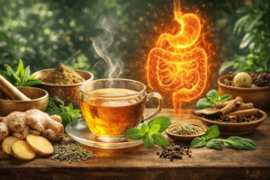 आयुर्वेद में पाचन शक्ति बढ़ाने के उपाय – अदरक, सौंफ, जीरा और आयुर्वेदिक जड़ी-बूटियों के साथ डाइजेशन सुधारने का चित्र