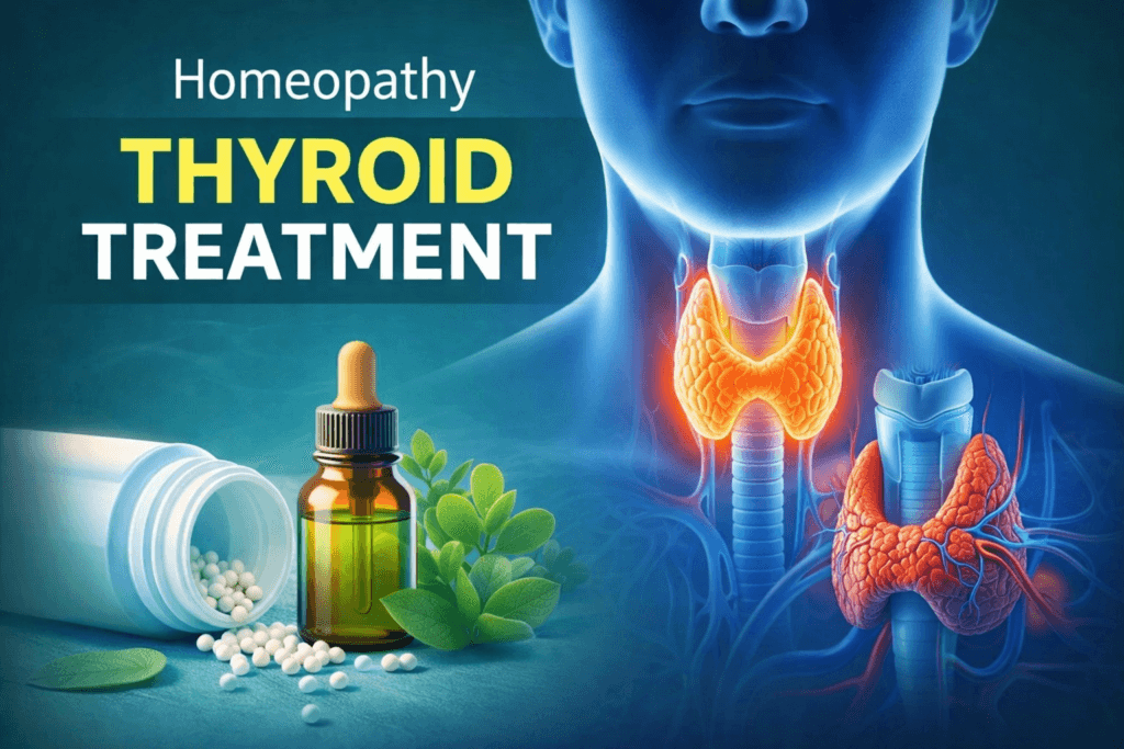 होम्योपैथी में थायराइड का इलाज कैसे होता है – thyroid gland illustration और homeopathic medicine concept