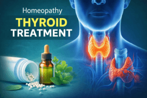 होम्योपैथी में थायराइड का इलाज कैसे होता है – thyroid gland illustration और homeopathic medicine concept