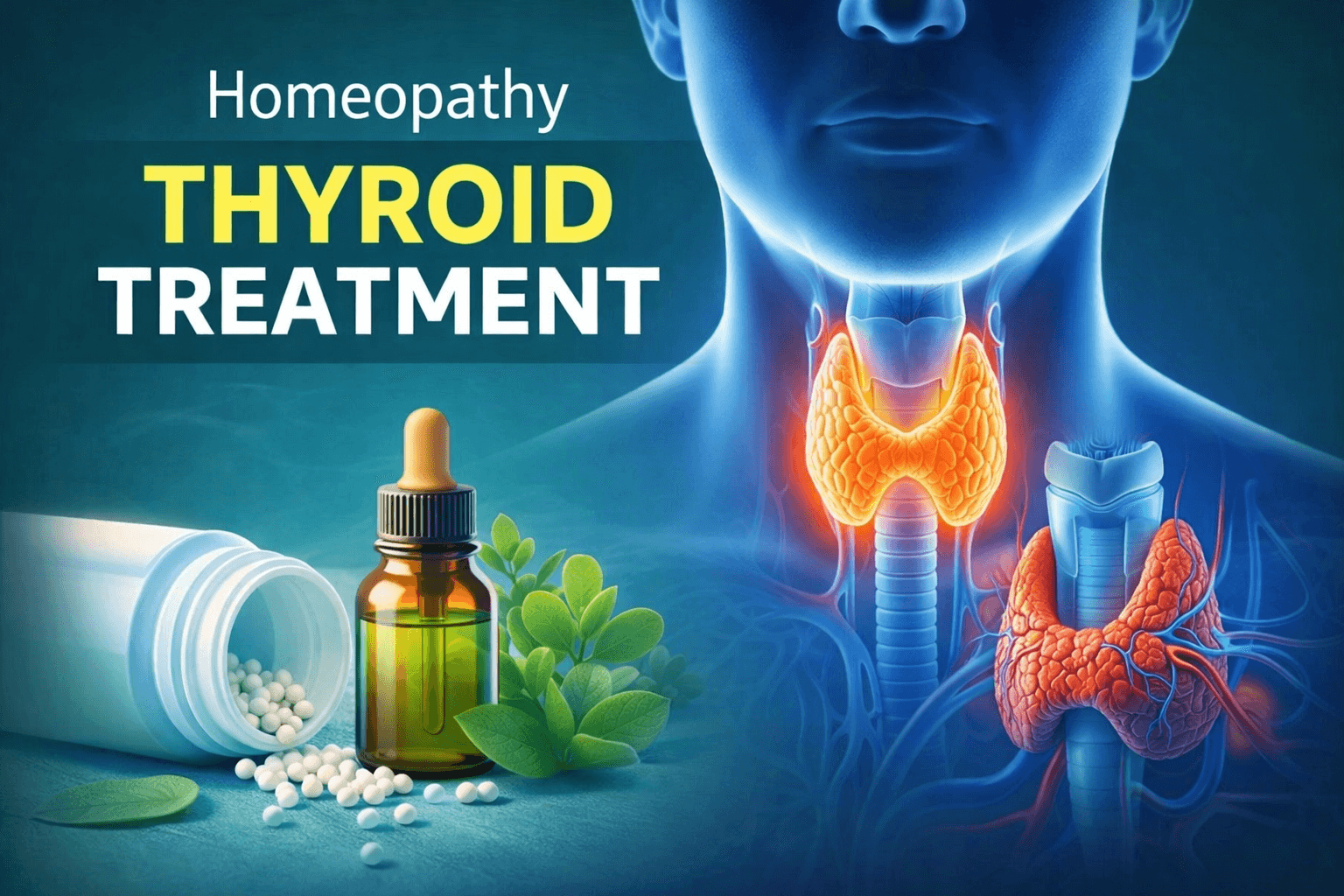होम्योपैथी में थायराइड का इलाज कैसे होता है – thyroid gland illustration और homeopathic medicine concept