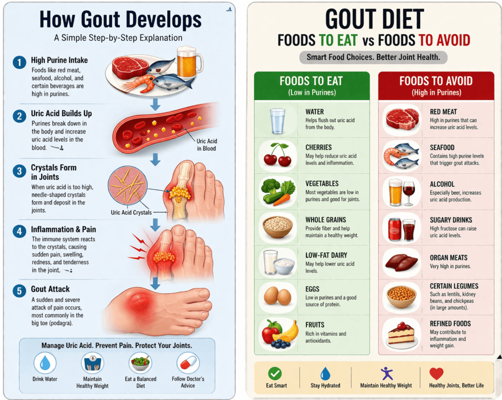 गाउट कैसे होता है डायग्राम और गाउट डाइट चार्ट जिसमें खाने और बचने वाले फूड्स दिखाए गए हैं