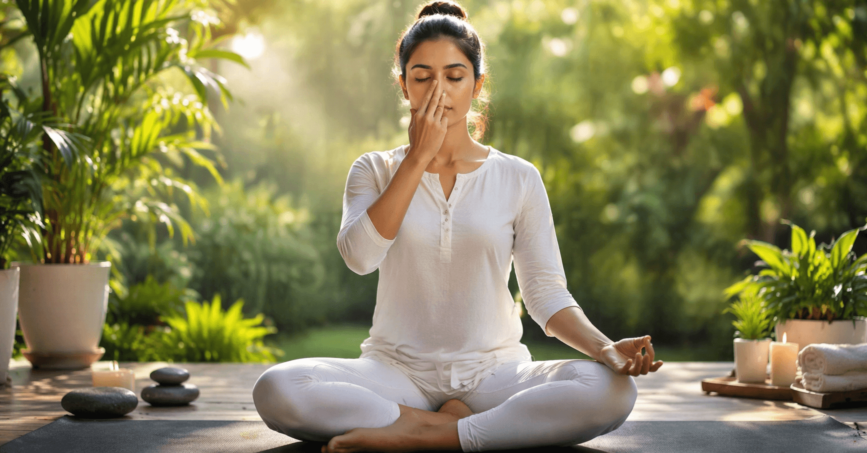 अनुलोम विलोम प्राणायाम कैसे करें – योग करते हुए महिला प्राणायाम करती हुई, breathing exercise anulom vilom steps and benefits