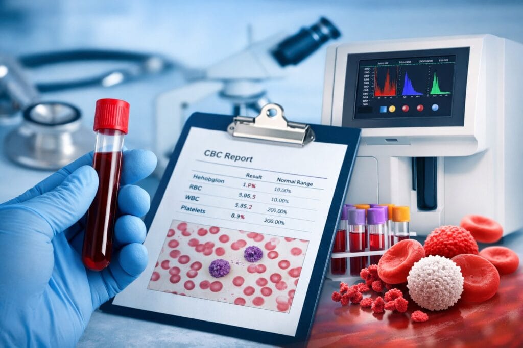 CBC टेस्ट रिपोर्ट की जांच करते हुए ब्लड सैंपल, Complete Blood Count टेस्ट जिसमें RBC, WBC और Platelets दिखाए गए हैं