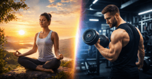 योग और जिम का अंतर दिखाता हुआ चित्र जिसमें एक तरफ योग मेडिटेशन और दूसरी तरफ जिम वर्कआउट दिखाया गया है