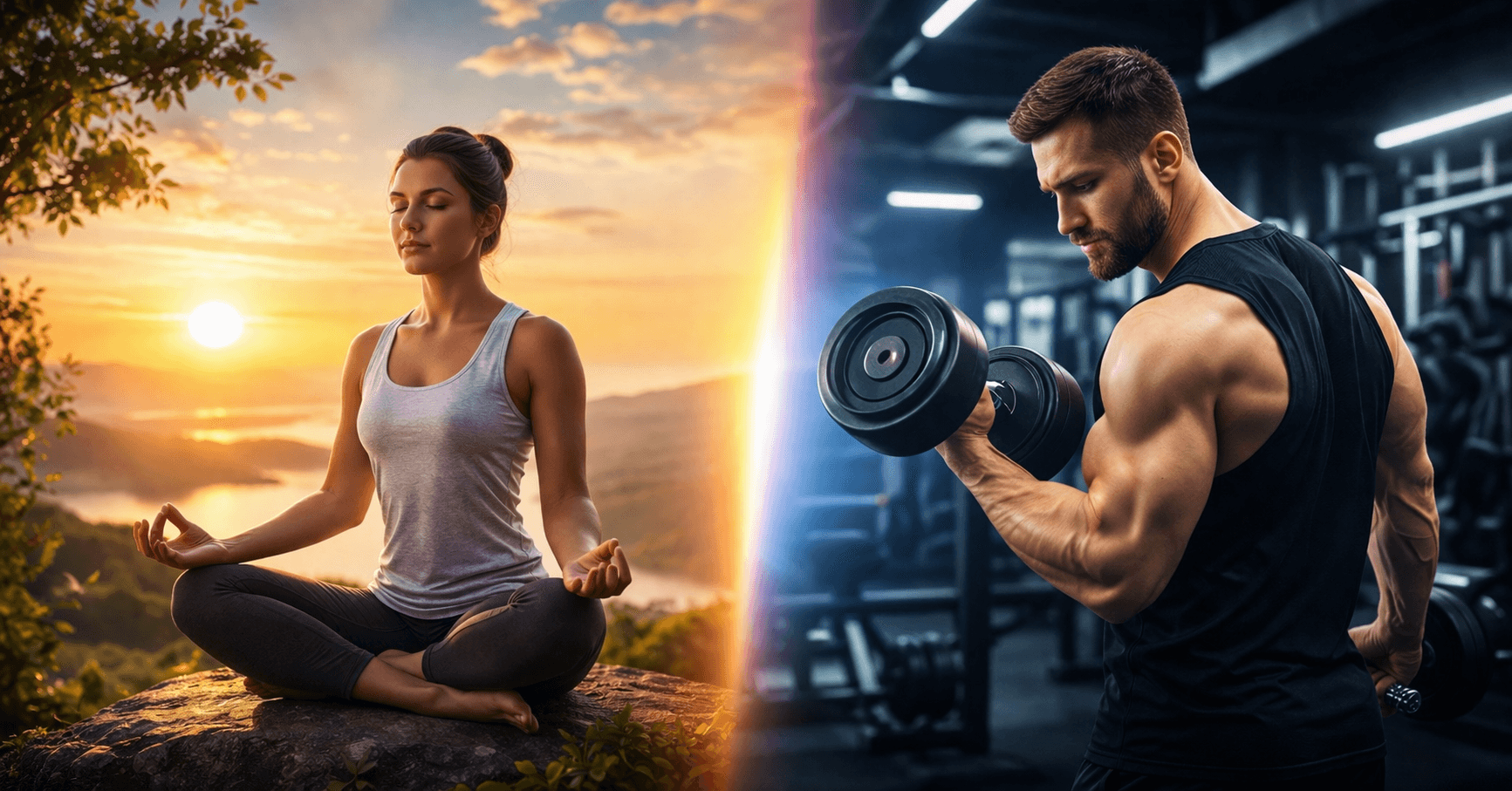 योग और जिम का अंतर दिखाता हुआ चित्र जिसमें एक तरफ योग मेडिटेशन और दूसरी तरफ जिम वर्कआउट दिखाया गया है
