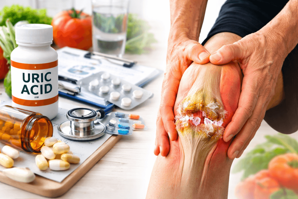 यूरिक एसिड कम करने की दवाएं और उसके साथ घुटनों में दर्द और सूजन का चित्र