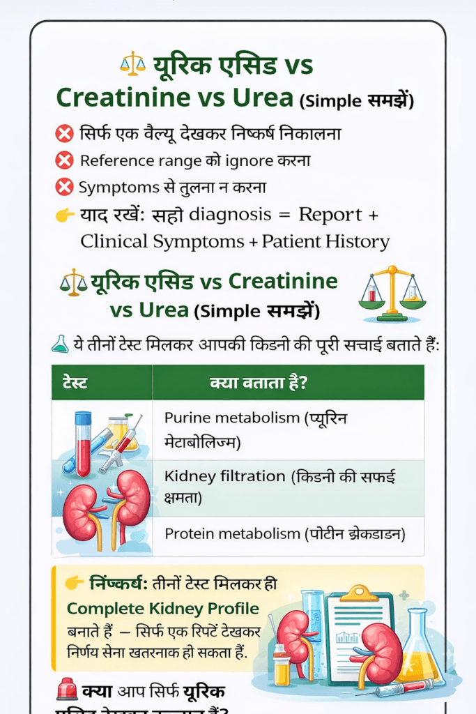 यूरिक एसिड vs क्रिएटिनिन vs यूरिया क्या है और इनमें अंतर क्या है, किडनी टेस्ट चार्ट हिंदी में