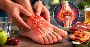 गाउट क्या है ? गाउट बीमारी में पैर के अंगूठे में सूजन, लालिमा और यूरिक एसिड क्रिस्टल जमने का दृश्य