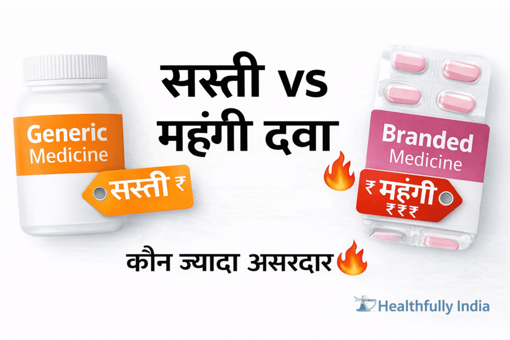 जनरिक बनाम ब्रांडेड दवा तुलना इमेज, generic vs branded medicine, सस्ती vs महंगी दवा, कौन ज्यादा असरदार, generic medicine safety India