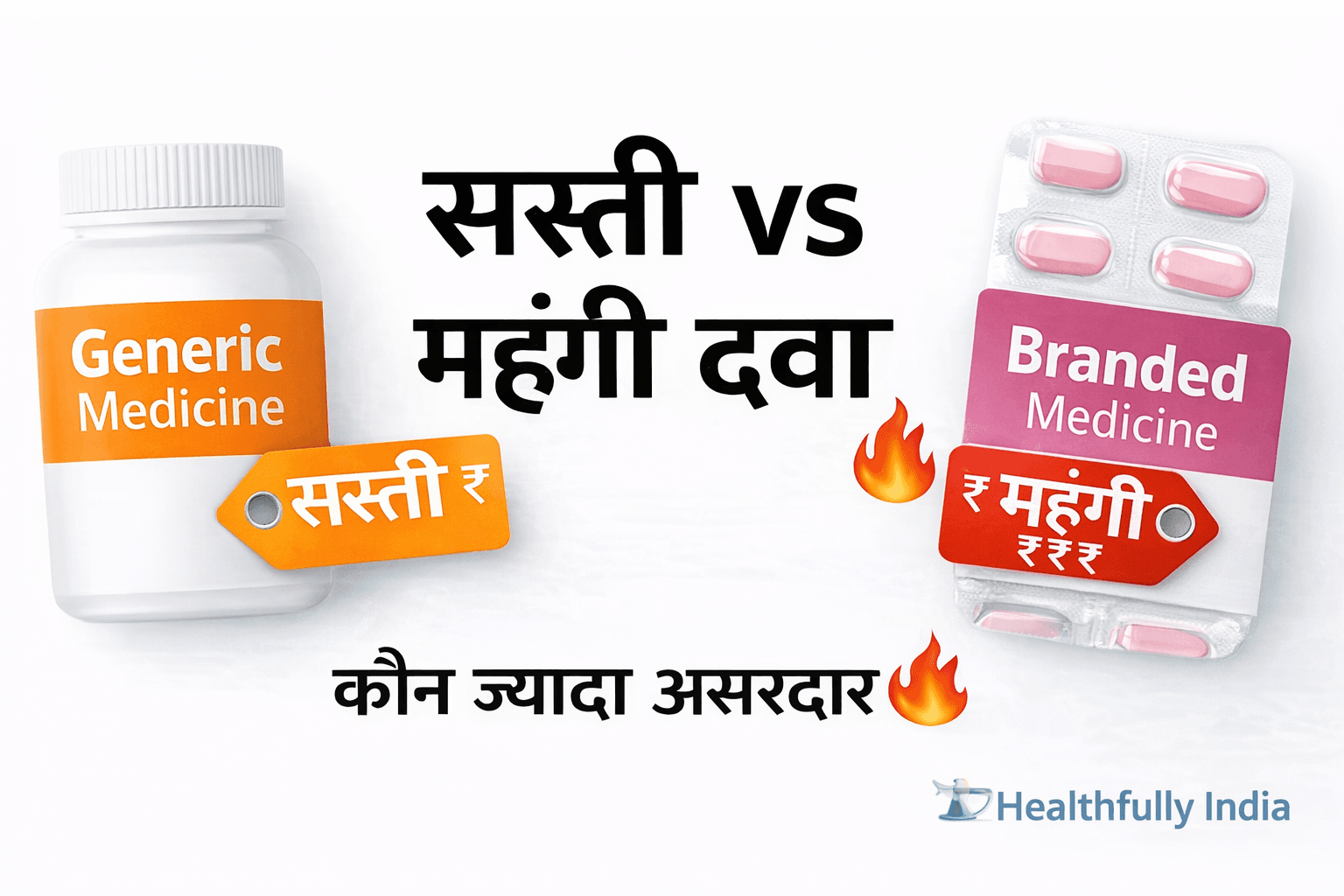 जनरिक बनाम ब्रांडेड दवा तुलना इमेज, generic vs branded medicine, सस्ती vs महंगी दवा, कौन ज्यादा असरदार, generic medicine safety India
