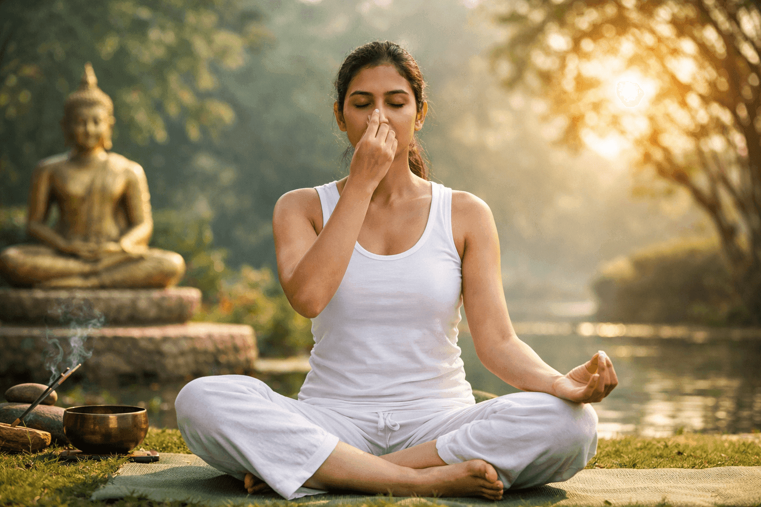 प्राणायाम करते हुए योग मुद्रा में बैठी महिला, नियंत्रित श्वास अभ्यास से श्वसन संतुलन और मानसिक शांति