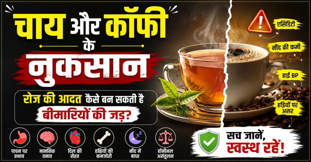 चाय और कॉफी के नुकसान दर्शाता इन्फोग्राफिक, जिसमें कैफीन के प्रभाव, पाचन तंत्र, नींद, हृदय स्वास्थ्य, हड्डियों की कमजोरी और मानसिक स्वास्थ्य पर संभावित असर दिखाए गए हैं।