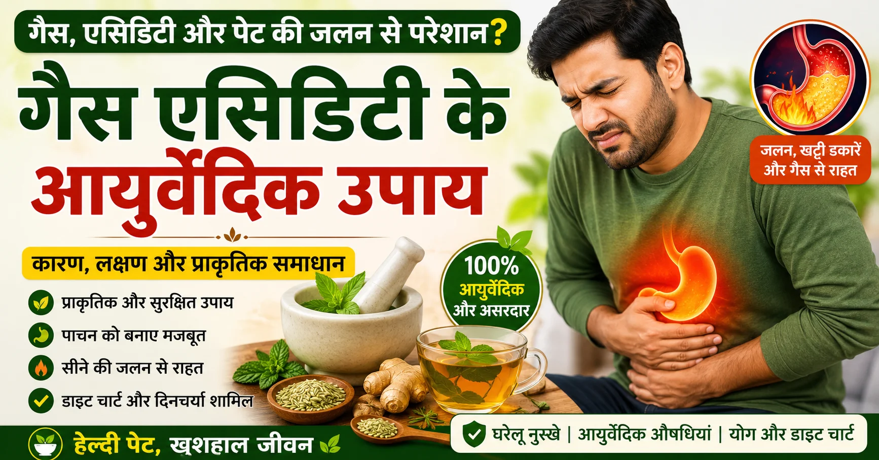 गैस एसिडिटी के आयुर्वेदिक उपाय, कारण, लक्षण, घरेलू नुस्खे, आयुर्वेदिक डाइट चार्ट, योग और प्राकृतिक उपचार