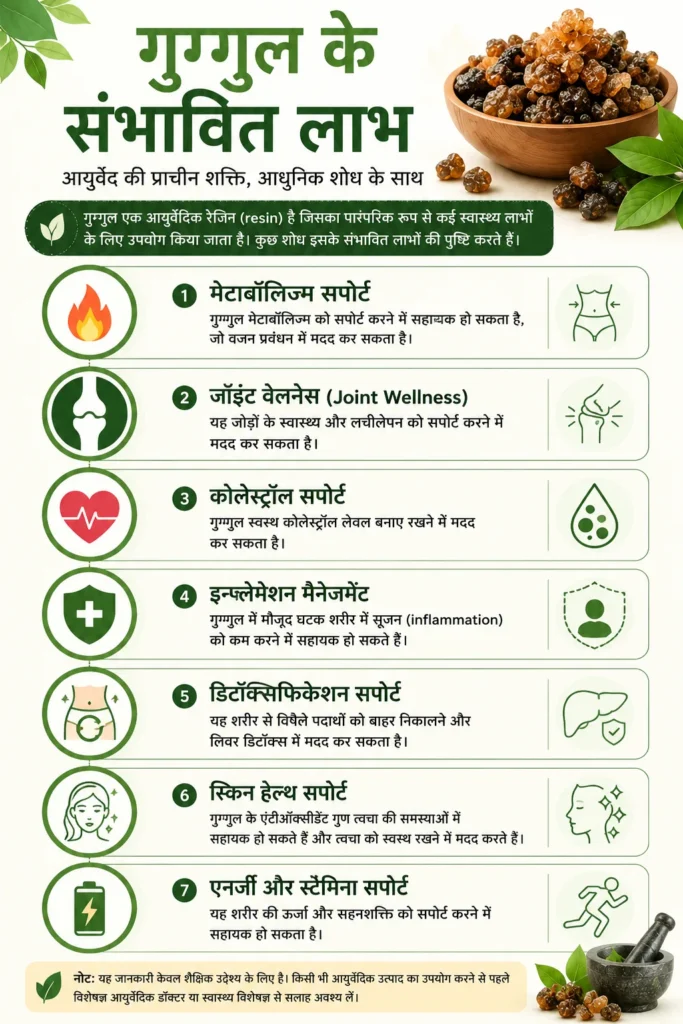 गुग्गुल के संभावित लाभ infographic जिसमें metabolism support, joint wellness, cholesterol support और inflammation management की जानकारी दी गई है