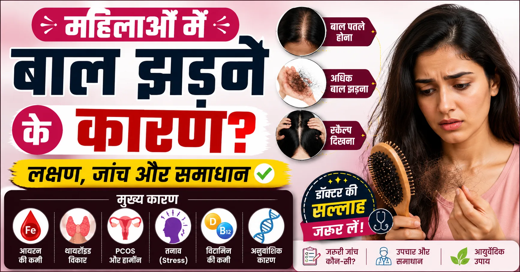 महिलाओं में बाल झड़ने के कारण, Hair Fall in Women, PCOS, थायरॉइड, आयरन की कमी, तनाव, लक्षण, जांच और समाधान