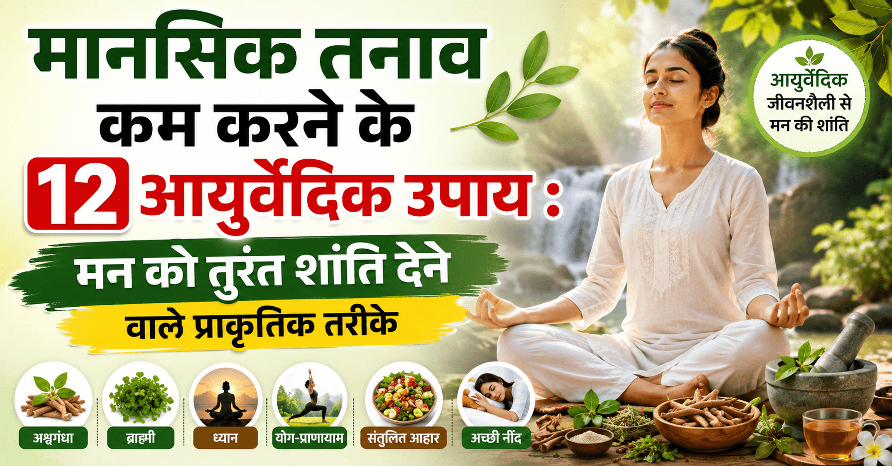 मानसिक तनाव कम करने के 12 आयुर्वेदिक उपाय, Ayurvedic remedies for stress relief, ध्यान, योग, अश्वगंधा, ब्राह्मी और प्राकृतिक तनाव मुक्ति उपाय दर्शाती इमेज