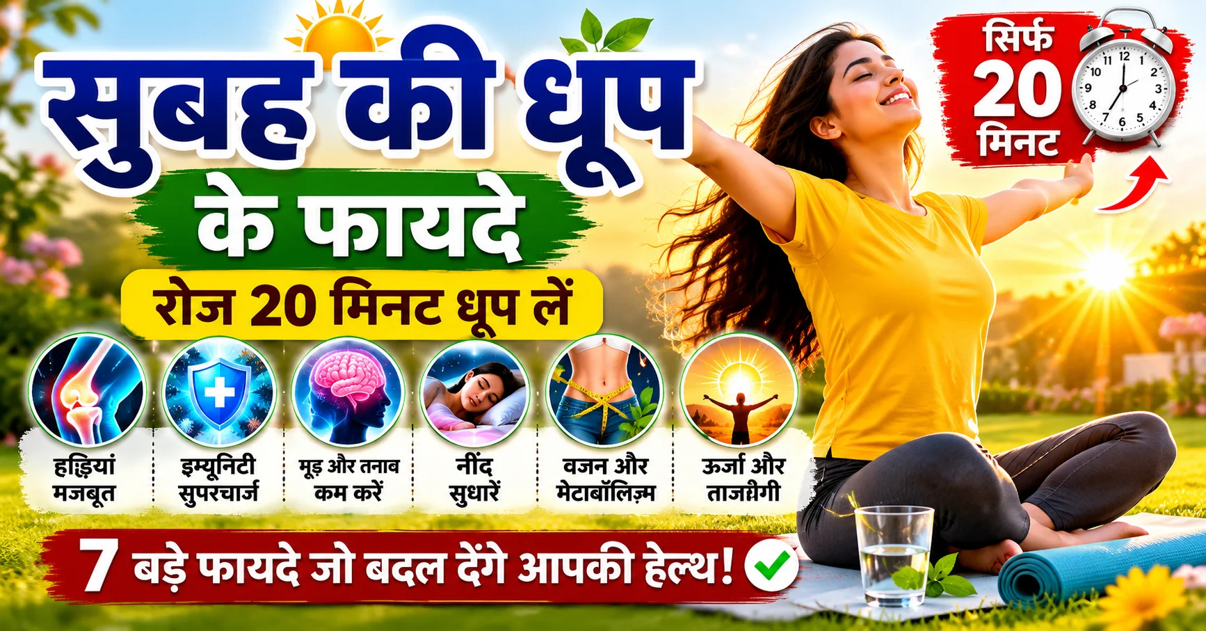 सुबह की धूप के फायदे दिखाती महिला, Vitamin D, इम्युनिटी, बेहतर नींद और मानसिक स्वास्थ्य के लिए सुबह की धूप का महत्व
