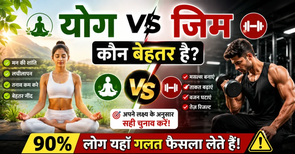 योग vs जिम कौन बेहतर है यह दिखाता हुआ तुलना चित्र, जिसमें योग के फायदे, जिम के फायदे, muscle building, weight loss, flexibility और mental health comparison दिखाया गया है