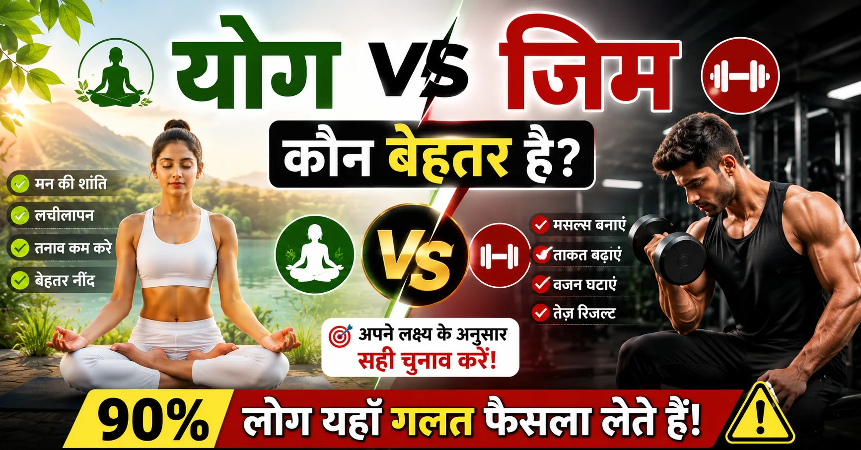 योग vs जिम कौन बेहतर है यह दिखाता हुआ तुलना चित्र, जिसमें योग के फायदे, जिम के फायदे, muscle building, weight loss, flexibility और mental health comparison दिखाया गया है
