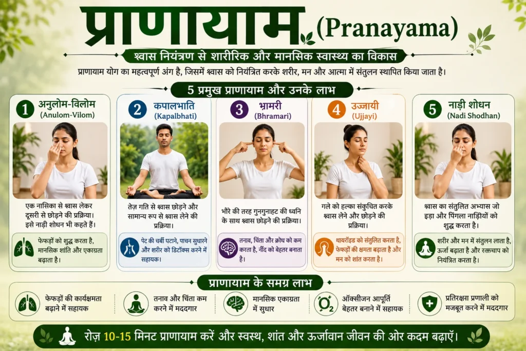 5 प्रमुख प्राणायाम और उनके लाभ दर्शाता इन्फोग्राफिक, जिसमें अनुलोम-विलोम, कपालभाति, भ्रामरी, उज्जायी और नाड़ी शोधन प्राणायाम शामिल हैं।