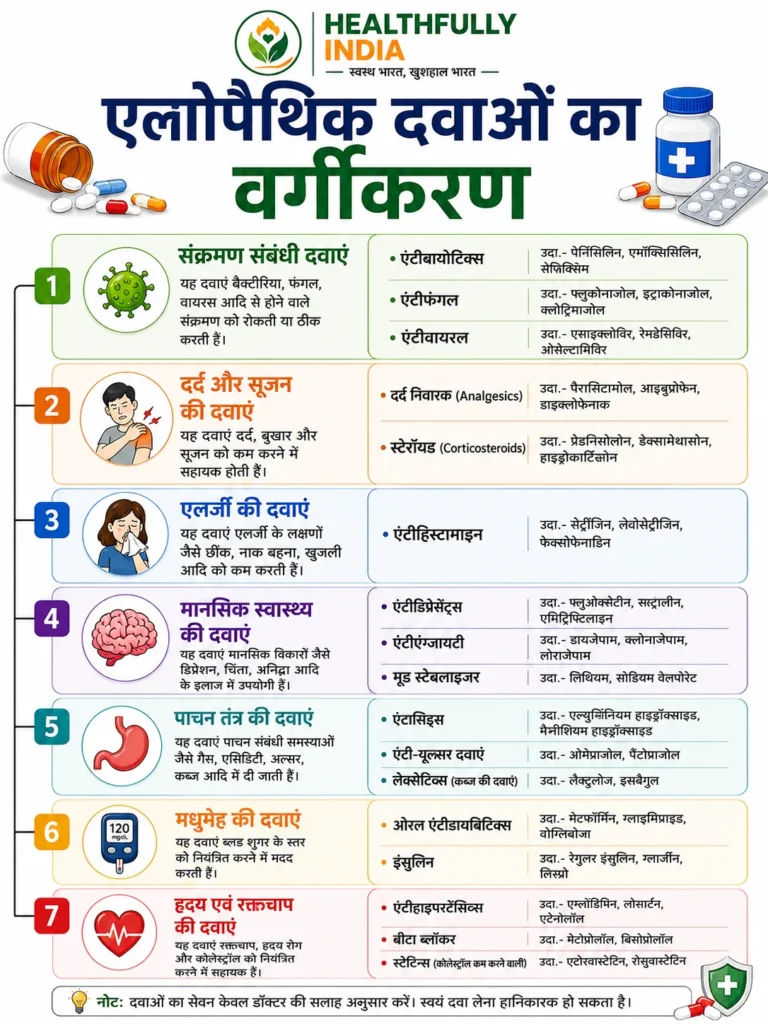 एलोपैथिक दवाओं का वर्गीकरण चार्ट, जिसमें एंटीबायोटिक्स, एंटीफंगल, एंटीवायरल, दर्द निवारक, स्टेरॉयड, एंटीहिस्टामाइन, एंटीडिप्रेसेंट्स, एंटीडायबिटिक्स, एंटासिड्स और अन्य प्रमुख एलोपैथिक दवा श्रेणियों के उपयोग और उदाहरण दर्शाए गए हैं।