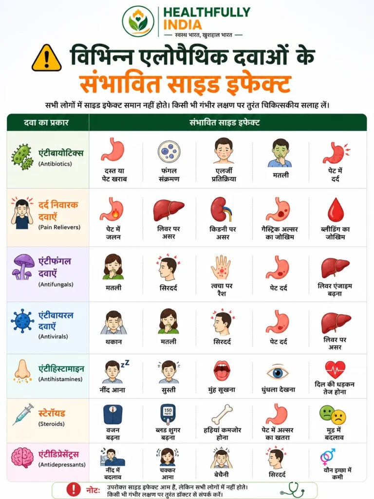 एलोपैथिक दवाओं के संभावित साइड इफेक्ट चार्ट, जिसमें एंटीबायोटिक्स, दर्द निवारक, एंटीफंगल, एंटीवायरल, एंटीहिस्टामाइन, स्टेरॉयड और एंटीडिप्रेसेंट्स के सामान्य दुष्प्रभाव दर्शाए गए हैं।