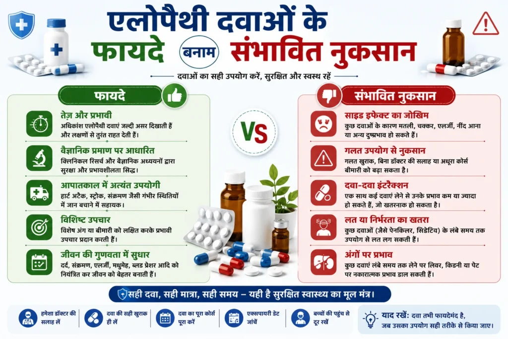 एलोपैथी दवा लेते समय 5 जरूरी सावधानियां दर्शाने वाला इन्फोग्राफिक – डॉक्टर की सलाह, सही खुराक, पूरा कोर्स, एक्सपायरी डेट जांच और सुरक्षित भंडारण।