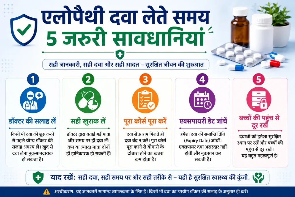एलोपैथी दवा लेते समय 5 जरूरी सावधानियां इन्फोग्राफिक – डॉक्टर की सलाह, सही खुराक, पूरा कोर्स, एक्सपायरी डेट जांचें और दवाओं को बच्चों की पहुंच से दूर रखें।