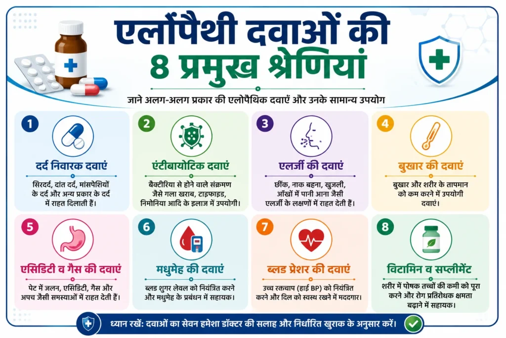 एलोपैथी दवाओं की 8 प्रमुख श्रेणियां इन्फोग्राफिक – दर्द निवारक, एंटीबायोटिक, एलर्जी, बुखार, एसिडिटी, मधुमेह, ब्लड प्रेशर और विटामिन सप्लीमेंट की जानकारी।