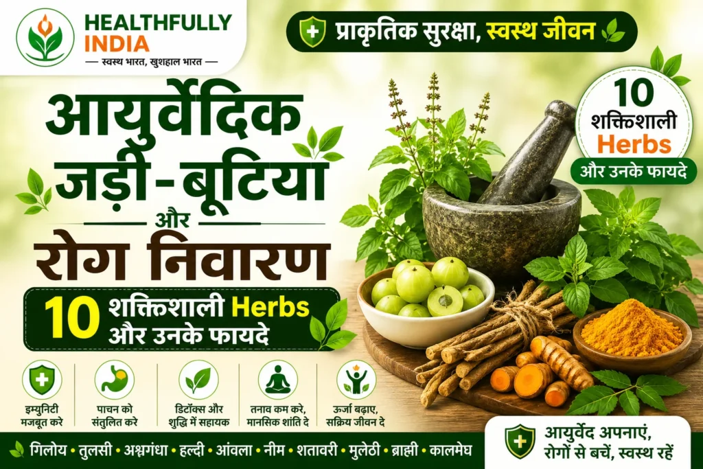 आयुर्वेदिक जड़ी-बूटियां और रोग निवारण, 10 शक्तिशाली herbs, गिलोय, तुलसी, अश्वगंधा, हल्दी, आंवला, नीम, ब्राह्मी, शतावरी, मुलेठी, प्राकृतिक रोग प्रतिरोधक क्षमता और आयुर्वेदिक स्वास्थ्य लाभ