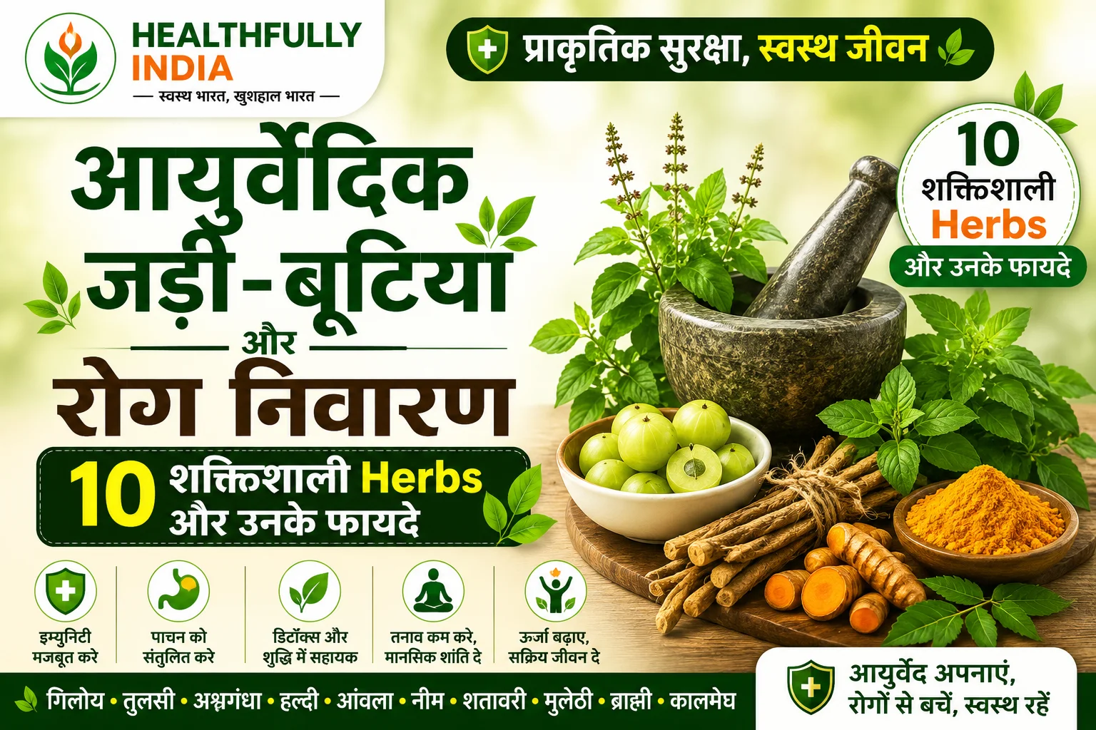 आयुर्वेदिक जड़ी-बूटियां और रोग निवारण, 10 शक्तिशाली herbs, गिलोय, तुलसी, अश्वगंधा, हल्दी, आंवला, नीम, ब्राह्मी, शतावरी, मुलेठी, प्राकृतिक रोग प्रतिरोधक क्षमता और आयुर्वेदिक स्वास्थ्य लाभ