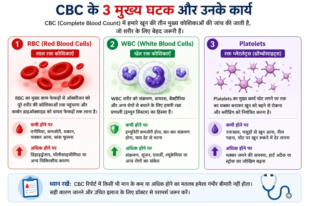 CBC इन्फोग्राफिक जिसमें RBC, WBC और Platelets के कार्य, महत्व और कम या अधिक होने के संभावित संकेत हिंदी में समझाए गए हैं।