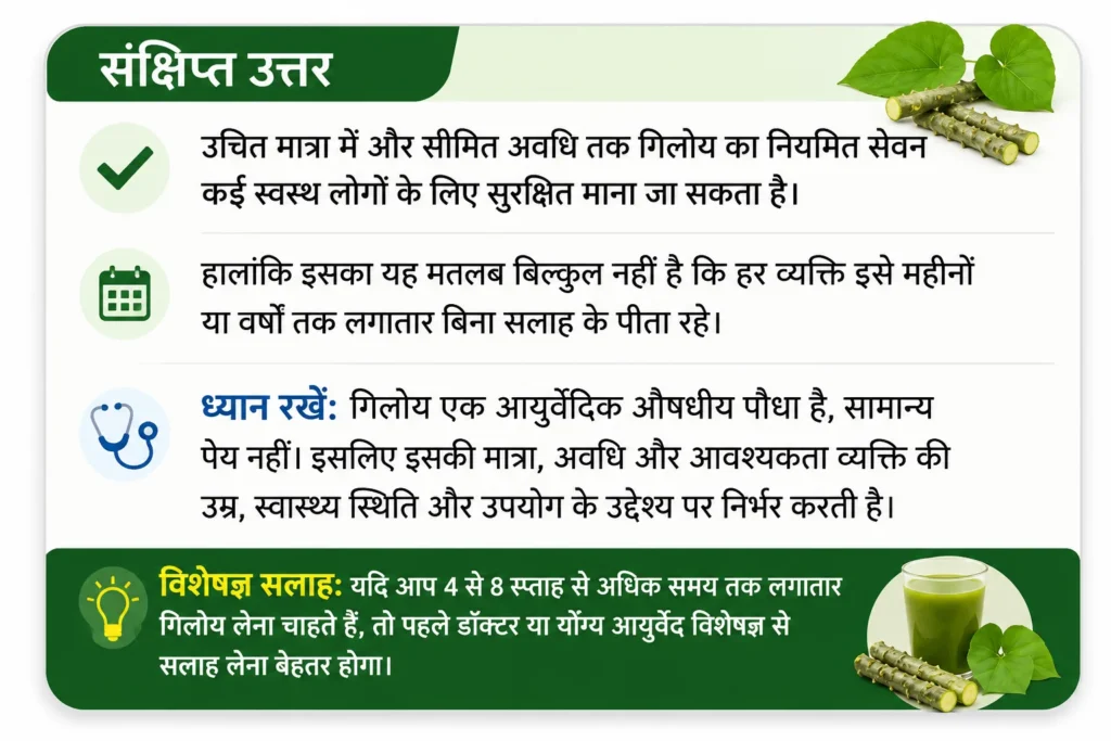 गिलोय कितने दिन तक पी सकते हैं, गिलोय सेवन की सही अवधि, गिलोय के फायदे, सावधानियां और विशेषज्ञ सलाह को दर्शाता फीचर्ड स्निपेट