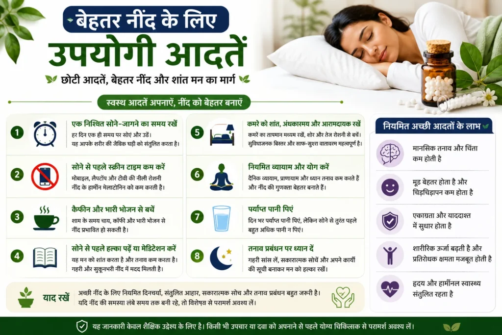 बेहतर नींद के लिए उपयोगी आदतों का इन्फोग्राफिक, जिसमें नियमित सोने का समय, स्क्रीन टाइम कम करना, योग, ध्यान और स्वस्थ जीवनशैली के सुझाव शामिल हैं।