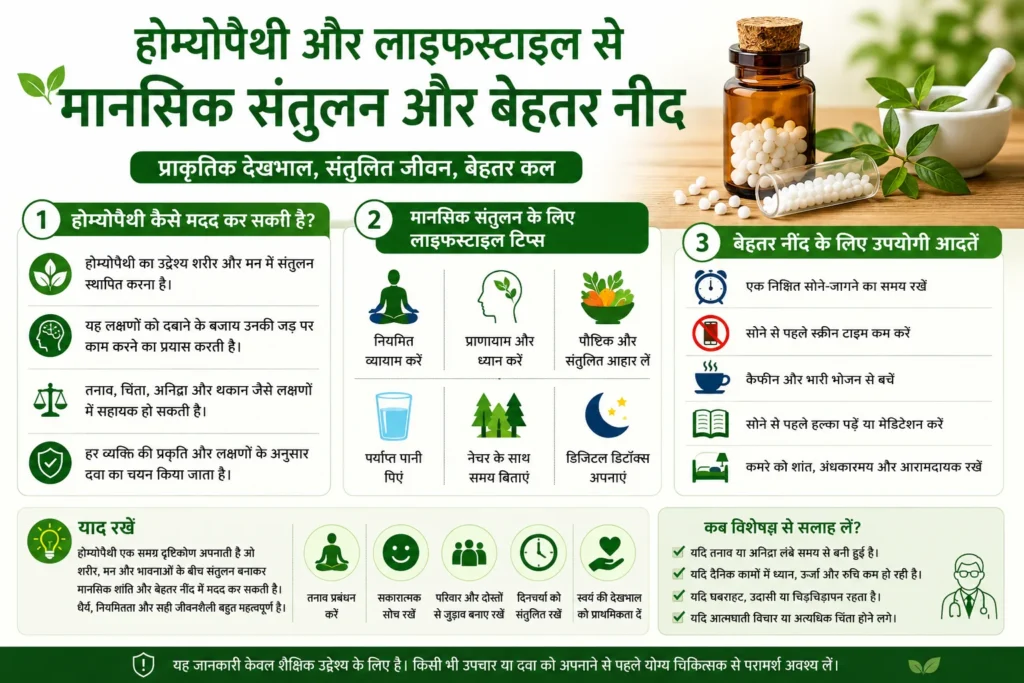 होम्योपैथी और लाइफस्टाइल टिप्स पर आधारित इन्फोग्राफिक, जिसमें मानसिक संतुलन, बेहतर नींद, योग, ध्यान और स्वस्थ आदतों की जानकारी दी गई है।