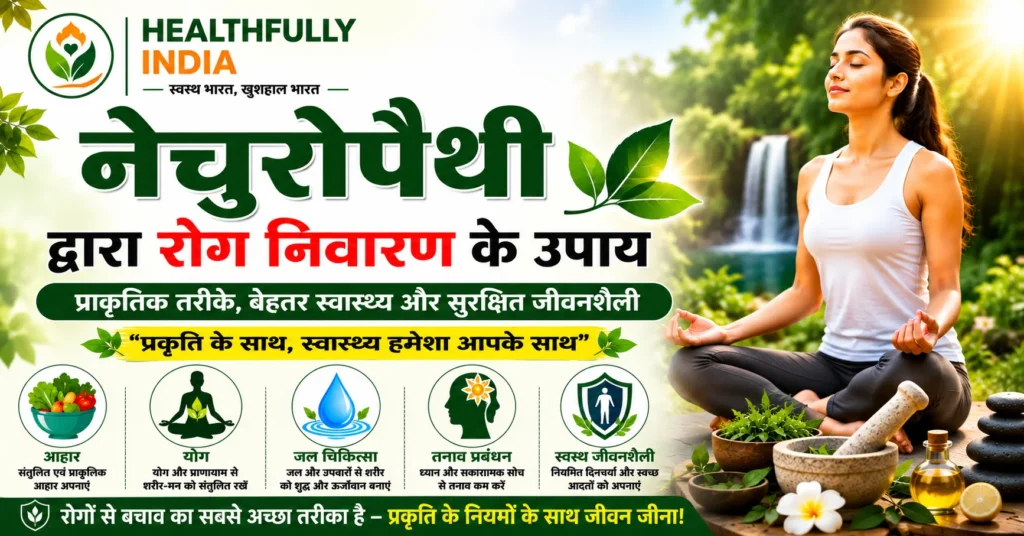 नेचुरोपैथी द्वारा रोग निवारण के उपाय दर्शाता थम्नेल, जिसमें योग, प्राकृतिक चिकित्सा, संतुलित आहार, तनाव प्रबंधन और स्वस्थ जीवनशैली के माध्यम से समग्र स्वास्थ्य को बढ़ावा देने की जानकारी दिखाई गई है।